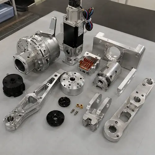 CNC machined robot joint, motor, and arm components on an industrial worktable