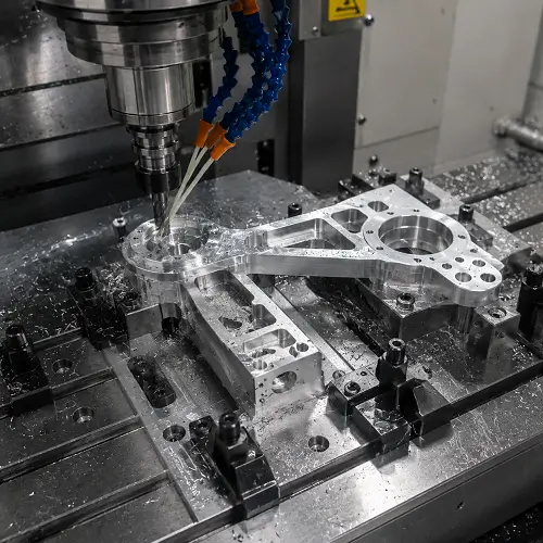 CNC milling an aluminum robot arm component inside a machine workshop