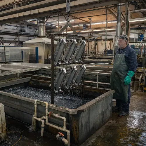 CNC machined metal parts being lifted from an electroplating tank