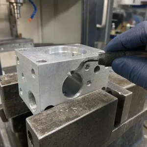 Manual deburring of a CNC machined aluminum part