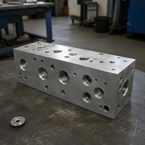 Rectangular CNC machined aluminum manifold with multiple threaded ports in a machine workshop