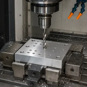 CNC drilling holes in an aluminum component