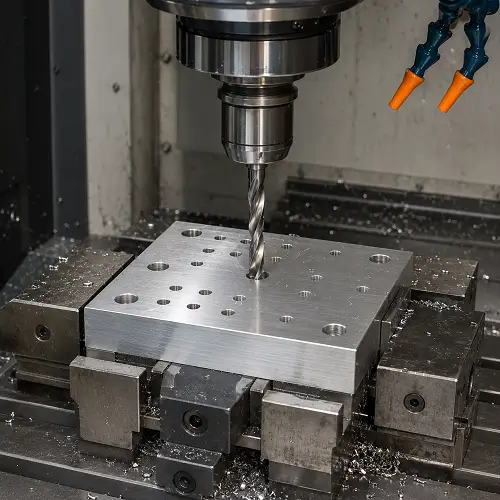 CNC drilling holes in an aluminum component