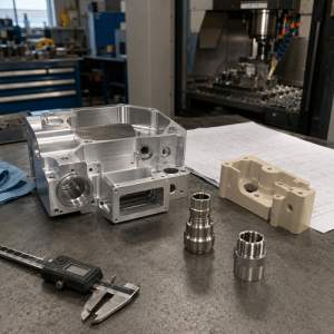 Medical CNC machined device parts on an inspection bench