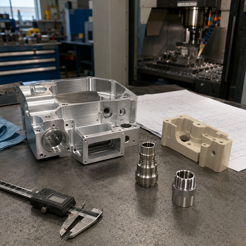 Medical CNC machined device parts on an inspection bench