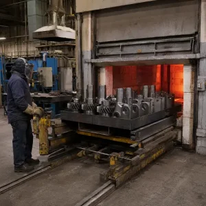 CNC machined metal parts being loaded into a heat treatment furnace