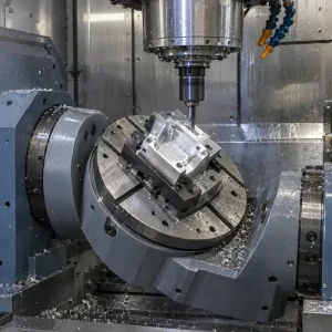 5-axis CNC machining an aluminum housing on a tilted rotary table