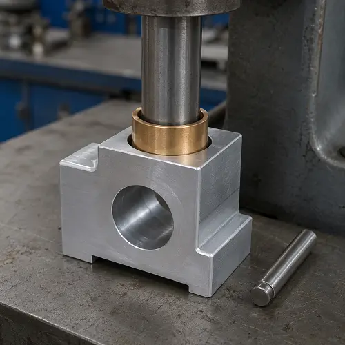 Bronze bushing press fit into a CNC machined aluminum housing