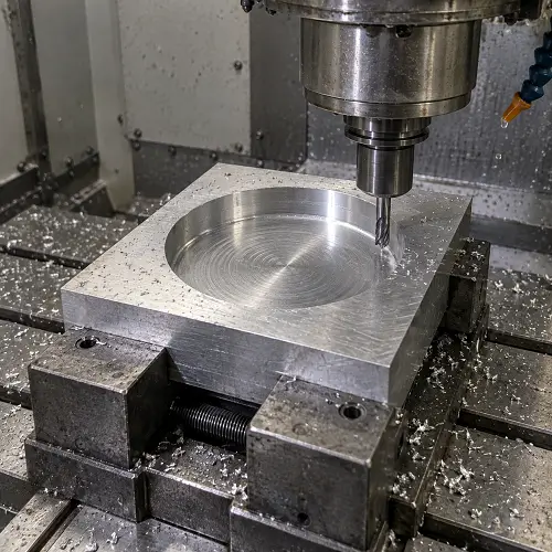 CNC end mill machining a circular pocket in aluminum