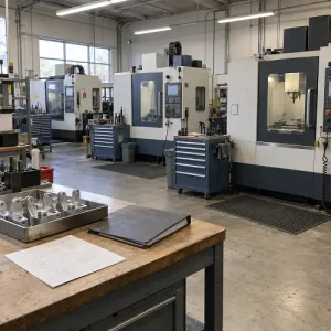 CNC machining workshop with production equipment and aluminum parts
