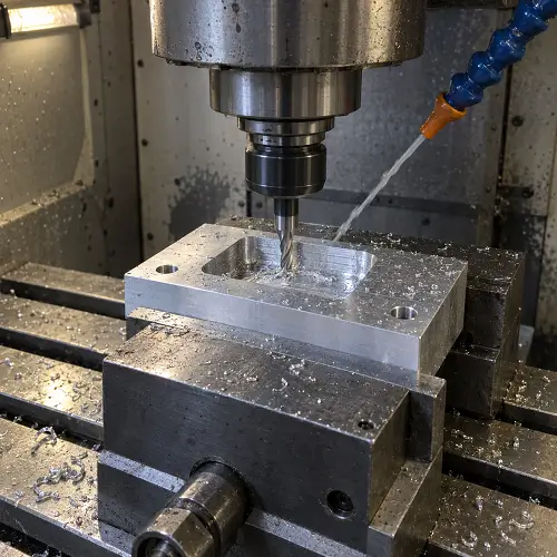 CNC machining center milling an aluminum part