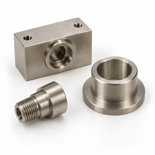 Electroless nickel plated machined block, flanged bushing, and threaded adapter