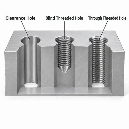 Aluminum cutaway showing a clearance hole, a blind threaded hole, and a through threaded hole
