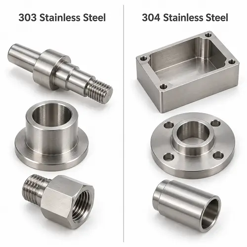 303 and 304 stainless steel CNC parts including shafts, bushings, a housing and a flange