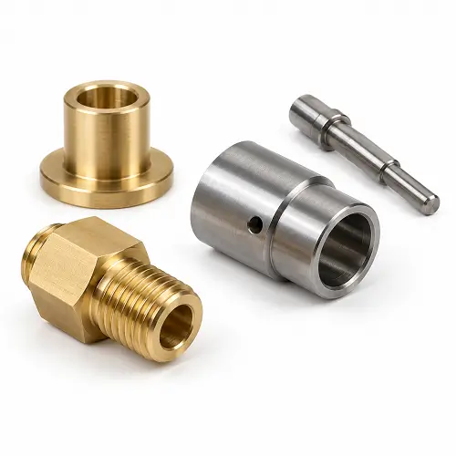 Brass and steel precision turned components with threads, bores, and stepped diameters