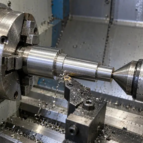 CNC turning a stepped steel shaft supported by a tailstock center