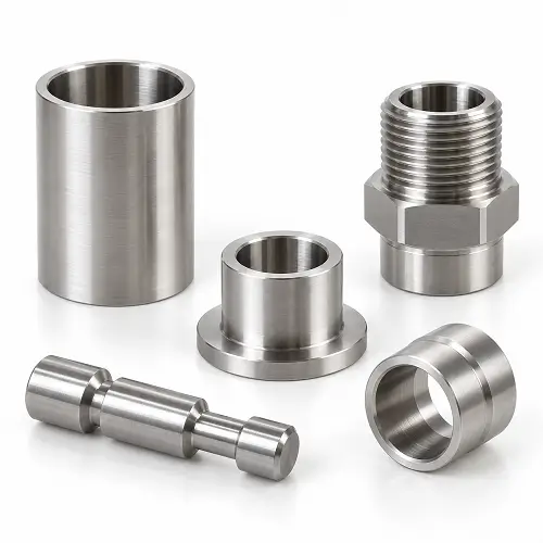 Precision CNC turned parts with sleeves, threaded adapters, bushings, and stepped pins