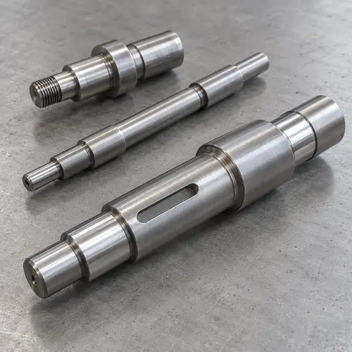 Precision machined steel shafts with stepped journals, a keyway, and threads
