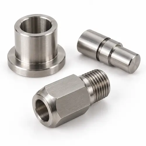Precision stainless steel turned components with a hex threaded adapter, flanged sleeve, and stepped plunger