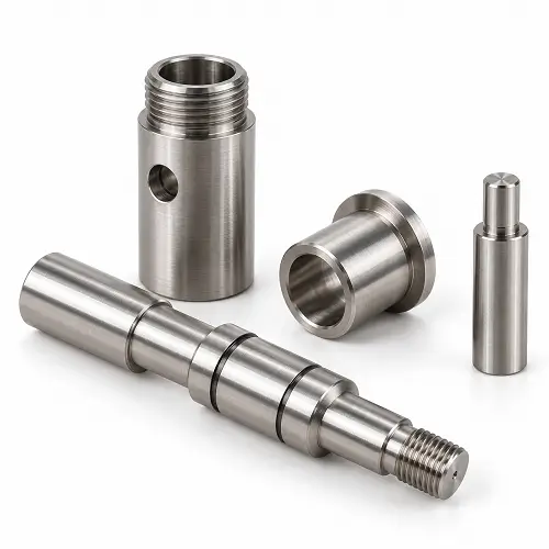 Stainless steel turned parts including a stepped shaft, threaded housing, sleeve, and locating pin
